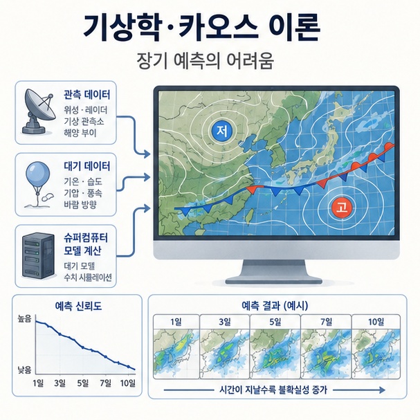 기상학과 카오스 이론에서 작은 초기조건 차이 때문에 장기간의 예측 결과가 크게 달라질 수 있음을 설명한 이미지