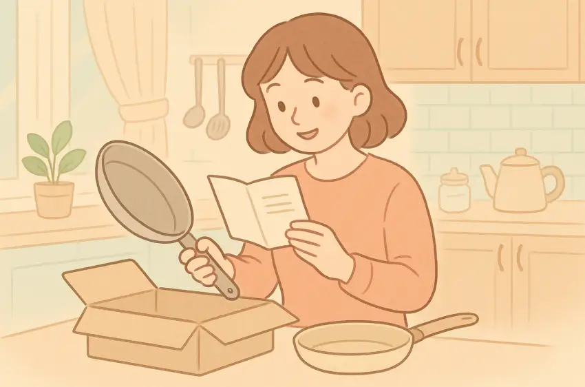 새후라이팬을 사용하기 위해 설명서를 읽고 있는 여성