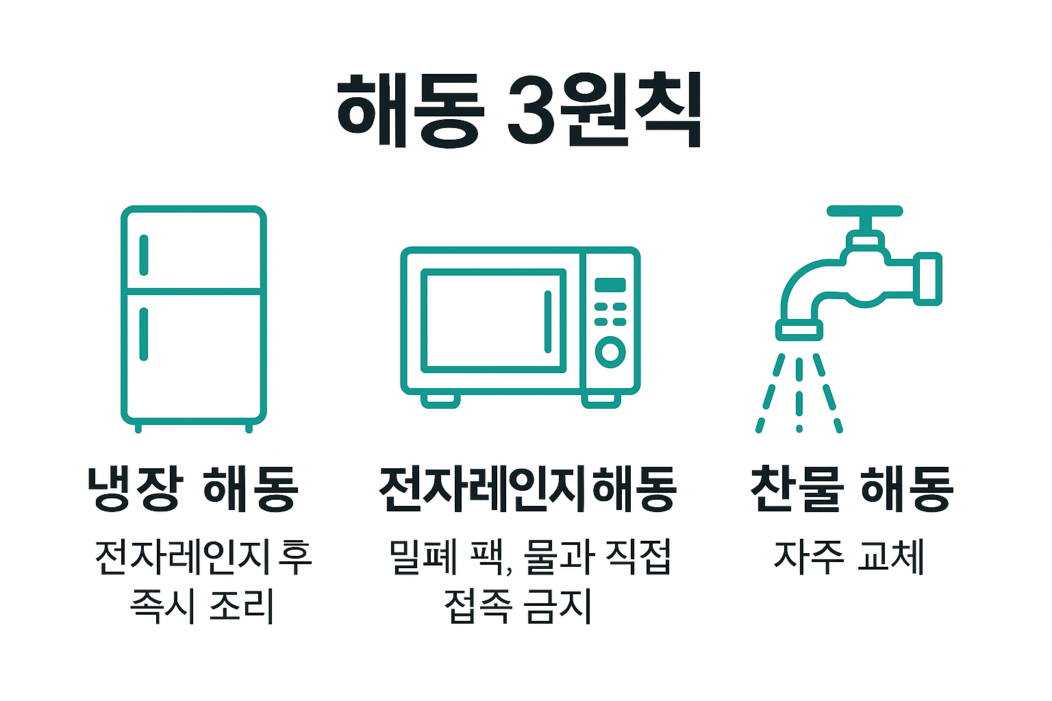 해동 3원칙: 냉장 해동·전자레인지 해동·찬물 해동 요약 인포그래픽