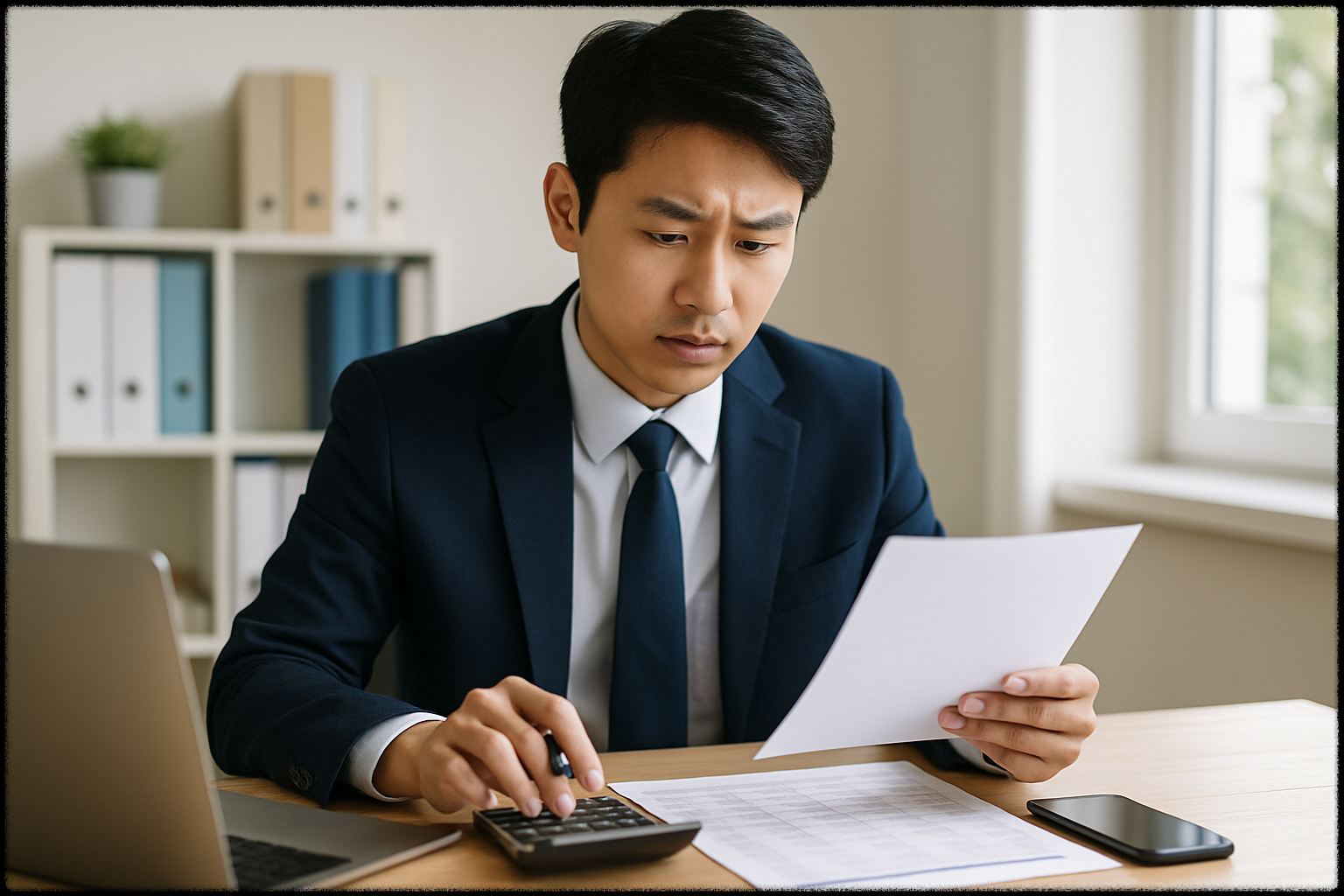 연말정산 서류를 확인 중인 직장인 남성