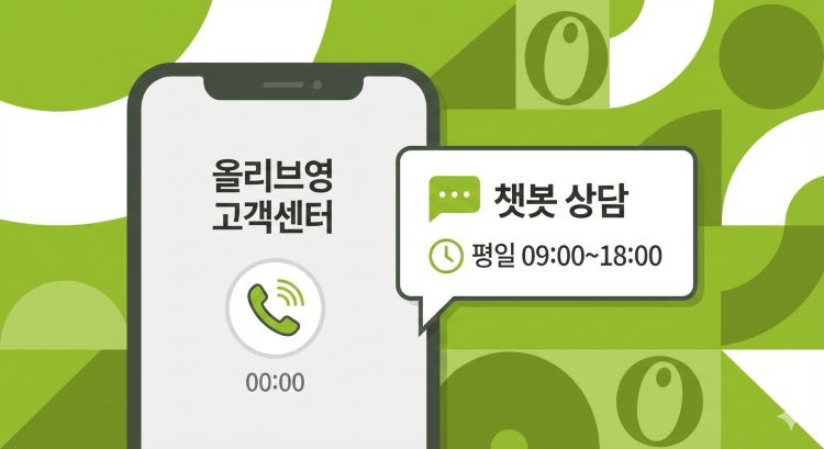스마트폰 화면에 올리브영 고객센터 발신 화면이 떠 있고, 옆에는 채팅창(챗봇 상담)과 시계 아이콘(운영시간)이 함께 보이는 일러스트. 배경에는 올리브영 로고 색감의 그린과 화이트를 활용한 깔끔한 2D 플랫 디자인