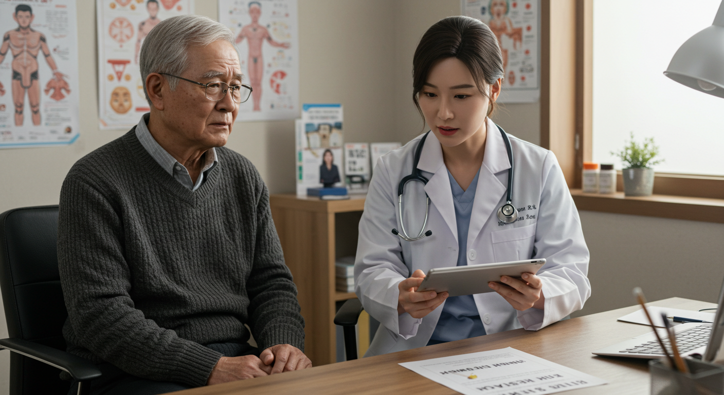 한 할아버지가 금연을위하여 병원을 찾아 의사와 상담하고 있다