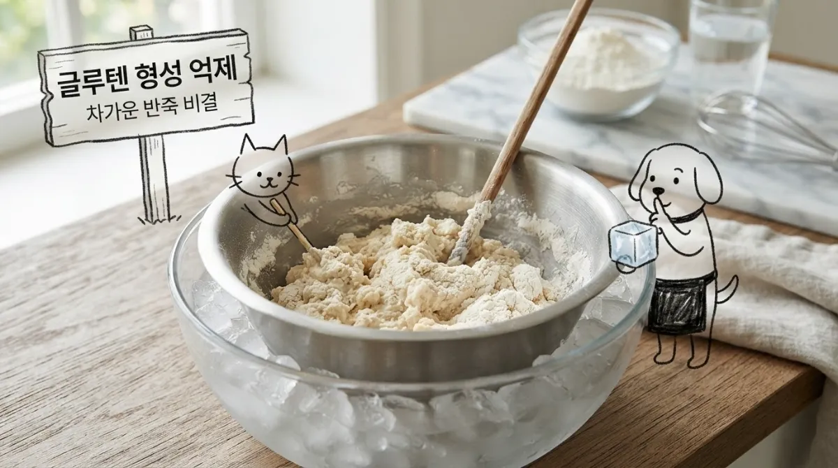 얼음물 위의 스테인리스 볼에서 나무젓가락으로 날가루가 남아있게 살살 섞는 차가운 튀김 반죽 제조 모습, 글루텐 형성을 억제하는 핵심 비결을 강조하는 본문 일러스트