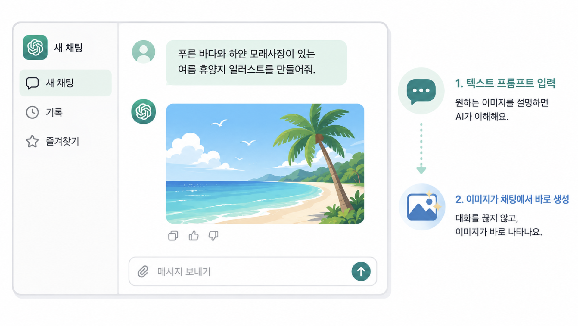 채팅창에서 바로 이미지가 만들어지는 모습을 보여주는 일러스트