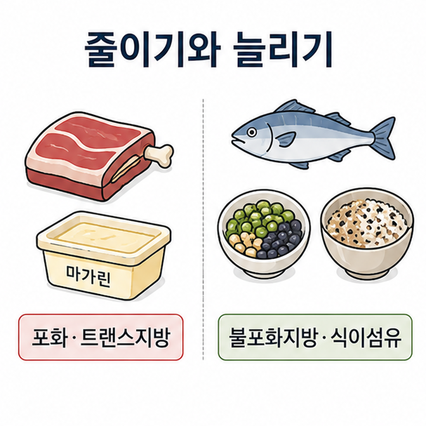 지방 종류를 바꾸는 식단 방향, 포화지방과 트랜스지방을 줄이고 불포화지방과 식이섬유를 늘리는 비교 그림
