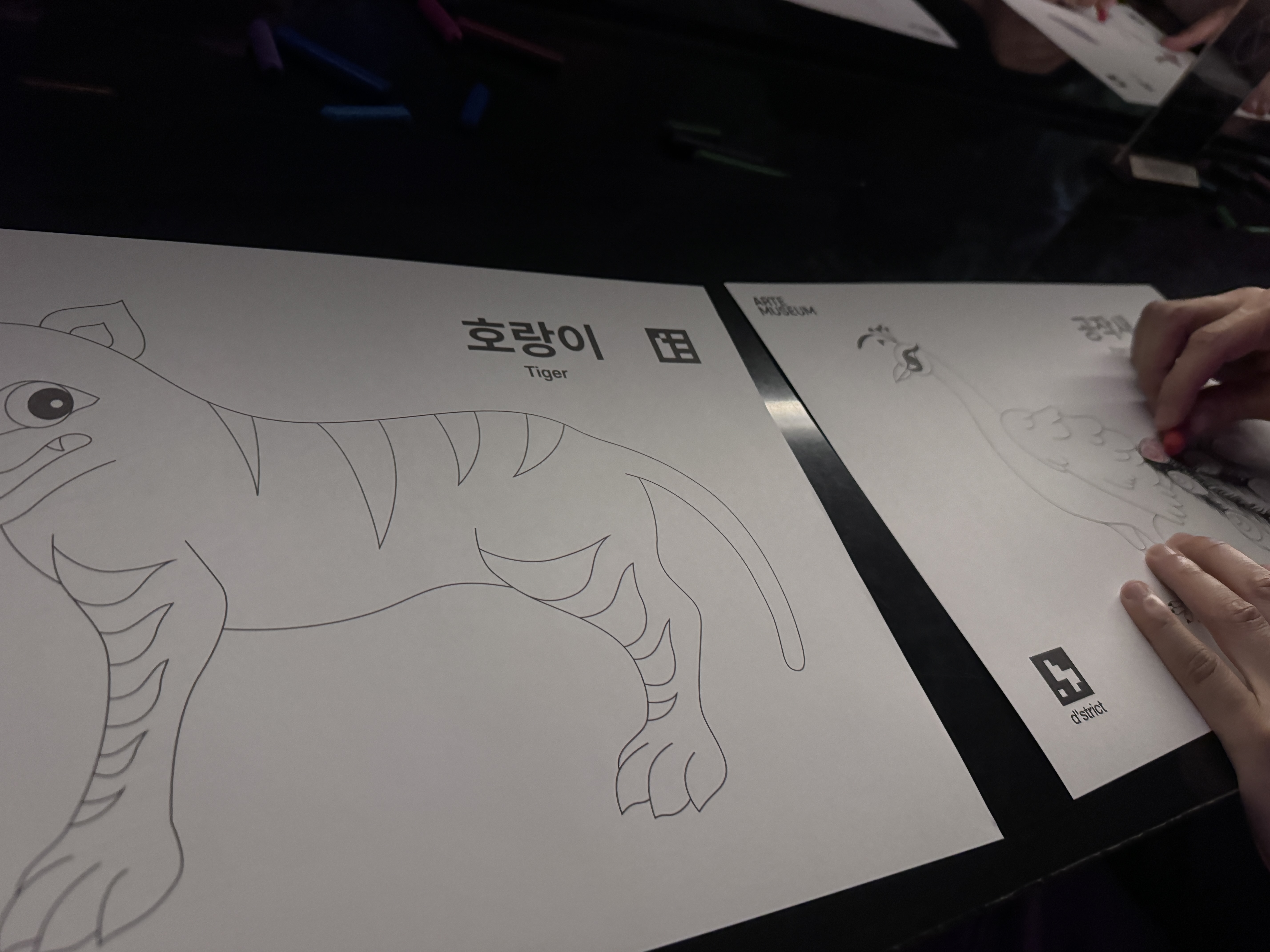 강릉 아르떼뮤지엄 체험존에서 동물 그림 색칠을 시작하는 모습. 호랑이와 공작 그림 도안 위에 색칠 체험을 준비하는 사진.