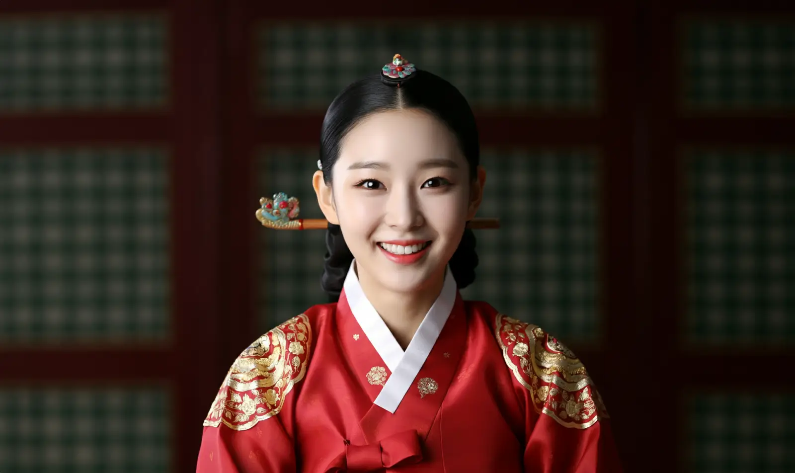 한복차림으로 환하게 인사하는 여성