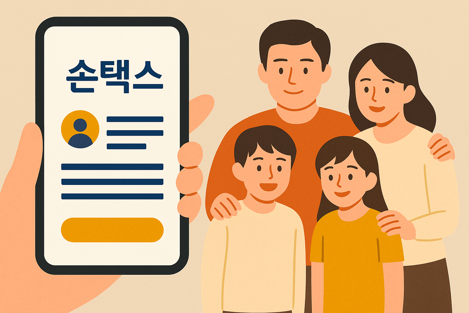 손택스 앱 화면과 가족 일러스트로 구성된 장려금 신청 장면