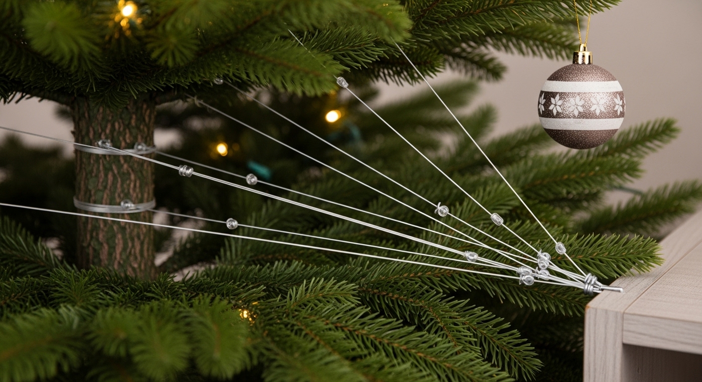크리스마스트리를 벽에 낚시줄로 튼튼하게 고정한 모습. 트리가 넘어지지 않도록 안전하게 설치된 것이 강조됩니다.