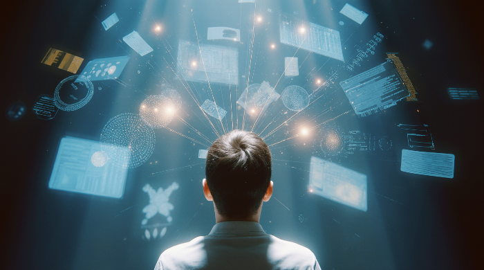 학생의 머리 위로 떠다니는 데이터 스트림은 지혜와 성장을 상징하는 지식의 나무 형태의 이미지