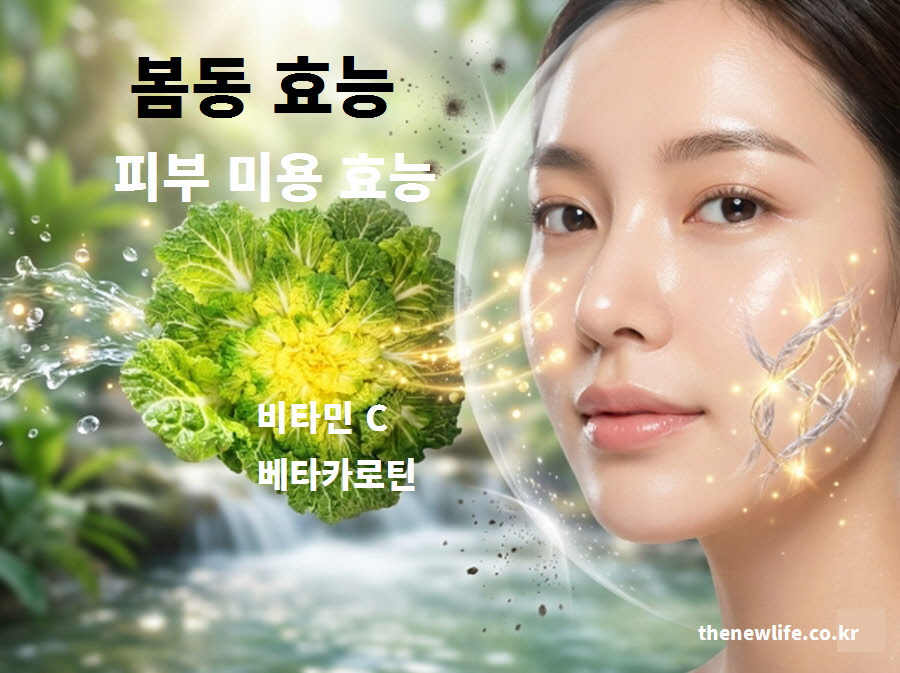 봄동 효능 중 피부 미용 효과. 비타민 C와 베타카로틴이 콜라겐 생성을 촉진하여 기미와 주근깨를 예방하고 피부 탄력을 개선함