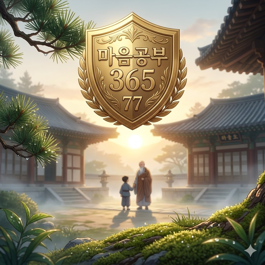 제77회 마음공부 365: 부의 기운을 부르는 말버릇과 운명 개선의 지혜를 담은 전문 금박 브랜딩 이미지.