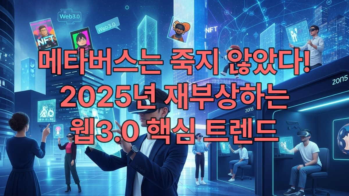 2025년, 블록체인과 AI 기술로 재부상하는 메타버스의 활기찬 미래 도시 전경. 사람들이 AR 안경과 VR 헤드셋을 착용하고 디지털 콘텐츠와 상호작용하는 모습이 보인다.