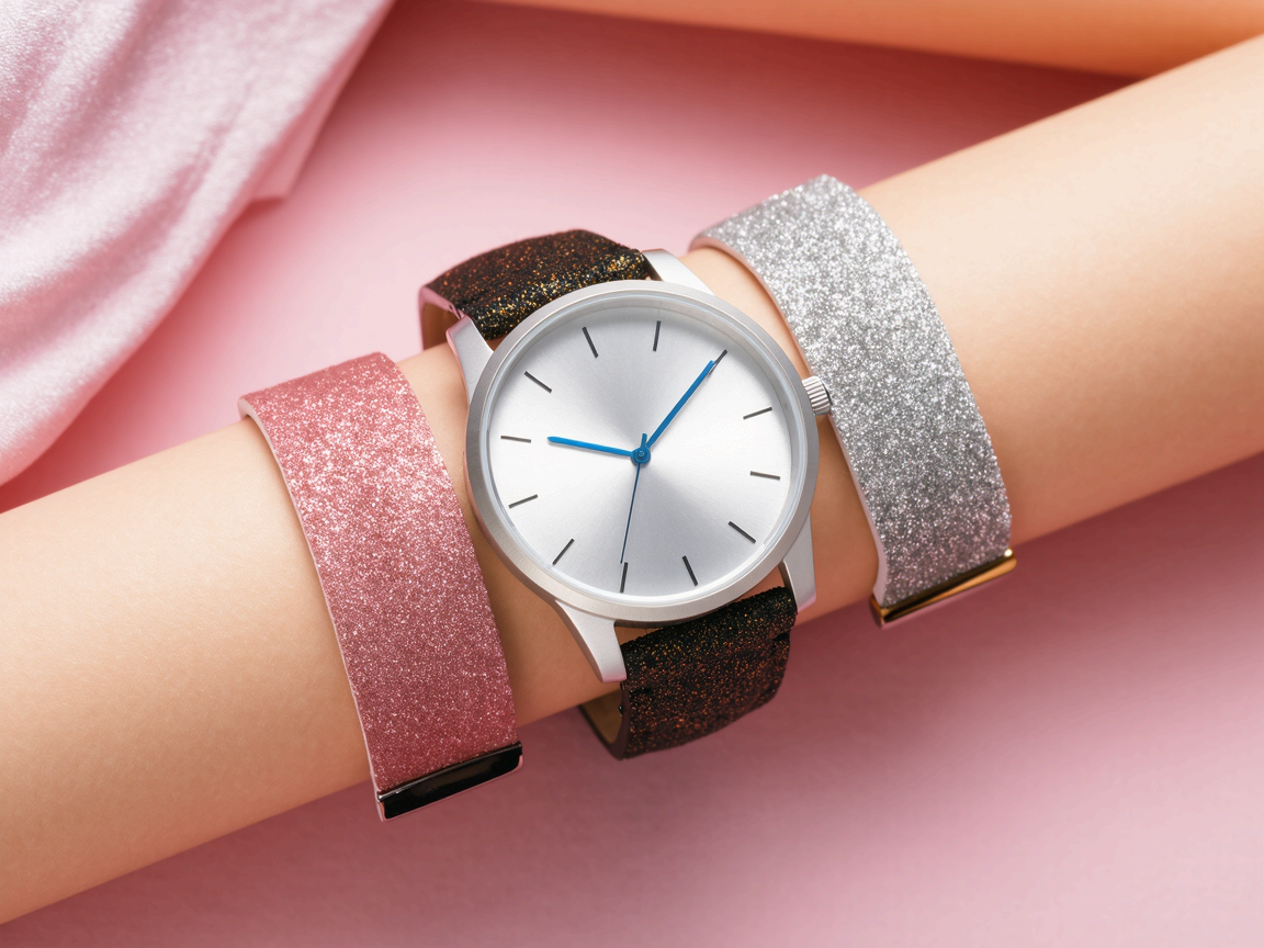 여러 가지 색상의 스트랩을 레이어드한 시계 이미지