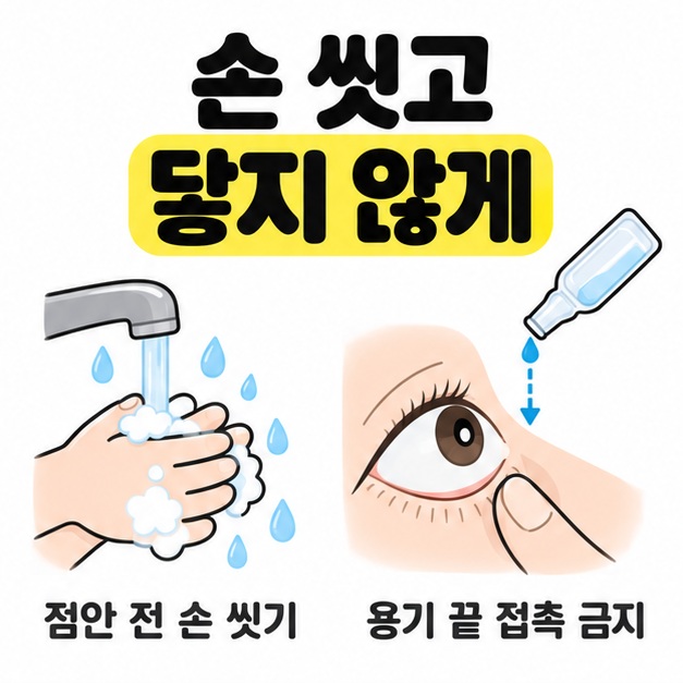 비누로 손을 씻는 모습과 용기 끝을 눈에 닿지 않게 띄워 점안하는 모습을 나란히 보여주는 사용법 이미지