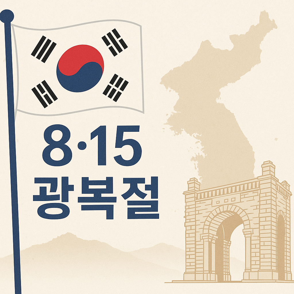 815광복절 문구과 태극기, 한반도, 독립문 이미지