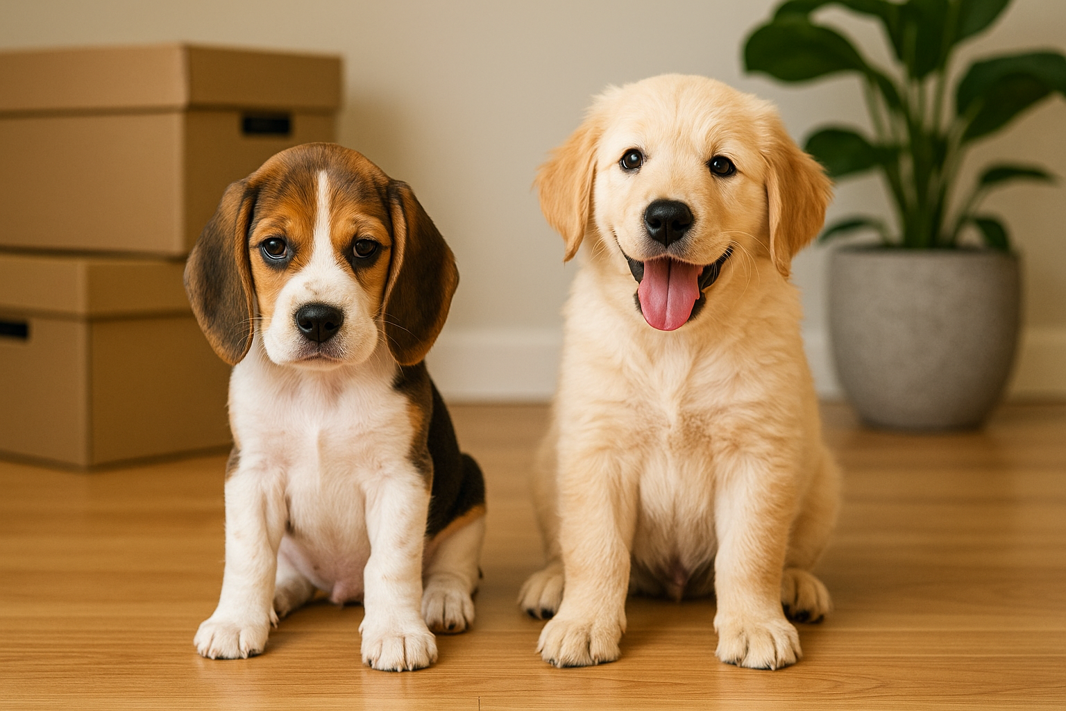 비글과 리트리버 강아지가 방 안에 앉아있다. 리트리버 강아지는 웃고있음