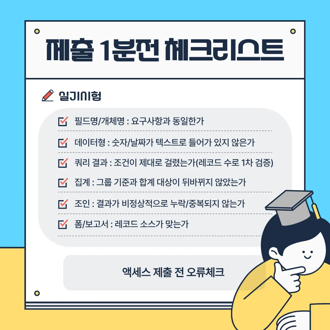 컴활 1급 실기 액세스 제출 전 1분 체크리스트로 필드명 데이터형 쿼리 집계 조인 폼 보고서 오류를 점검하는 이미지