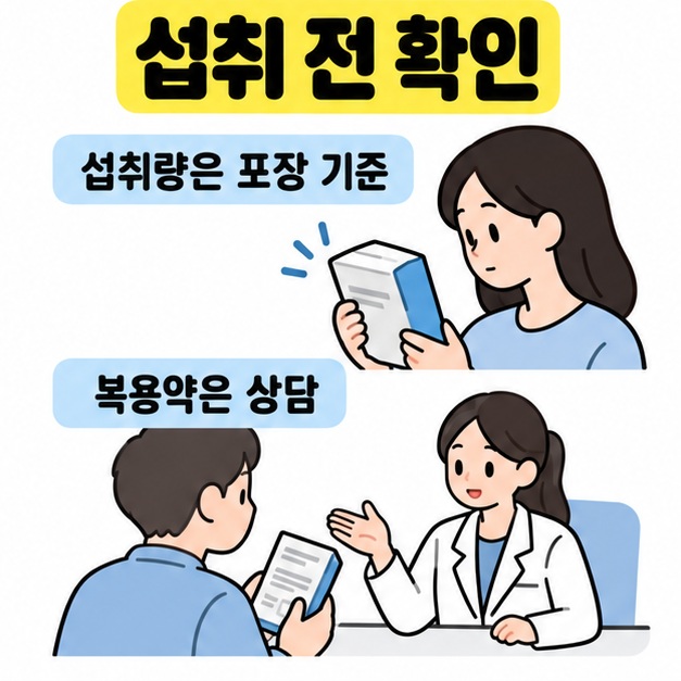 포장에 적힌 섭취량을 확인하고 복용 중인 약에 대해 의료진과 상담하는 사람들의 그림