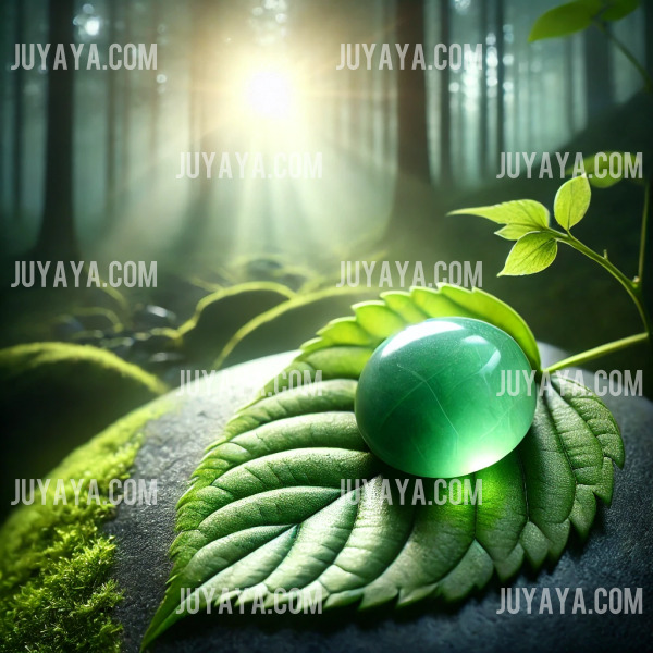 숲 속의 푸른 잎 위에 놓인 빛나는 옥 조각&amp;#44; 따스한 아침 햇살 아래 자연과 조화를 이루는 모습