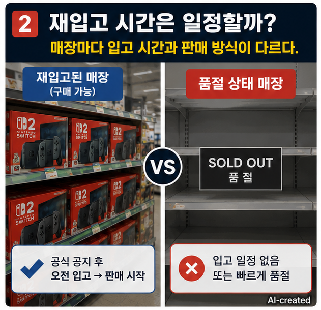 닌텐도 스위치 2 재입고 시간 확인 없이 방문하는 상황과 실제 재고 상태를 비교하는 이미지