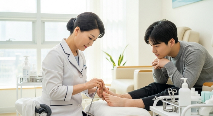 전문가에게 발 관리법을 배우는 장면