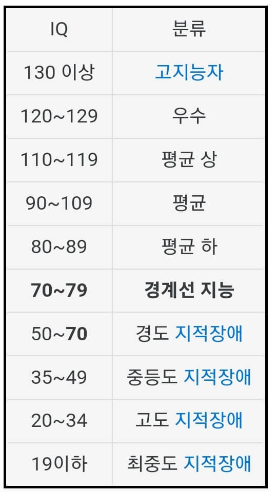 IQ별 지적수준 분류표