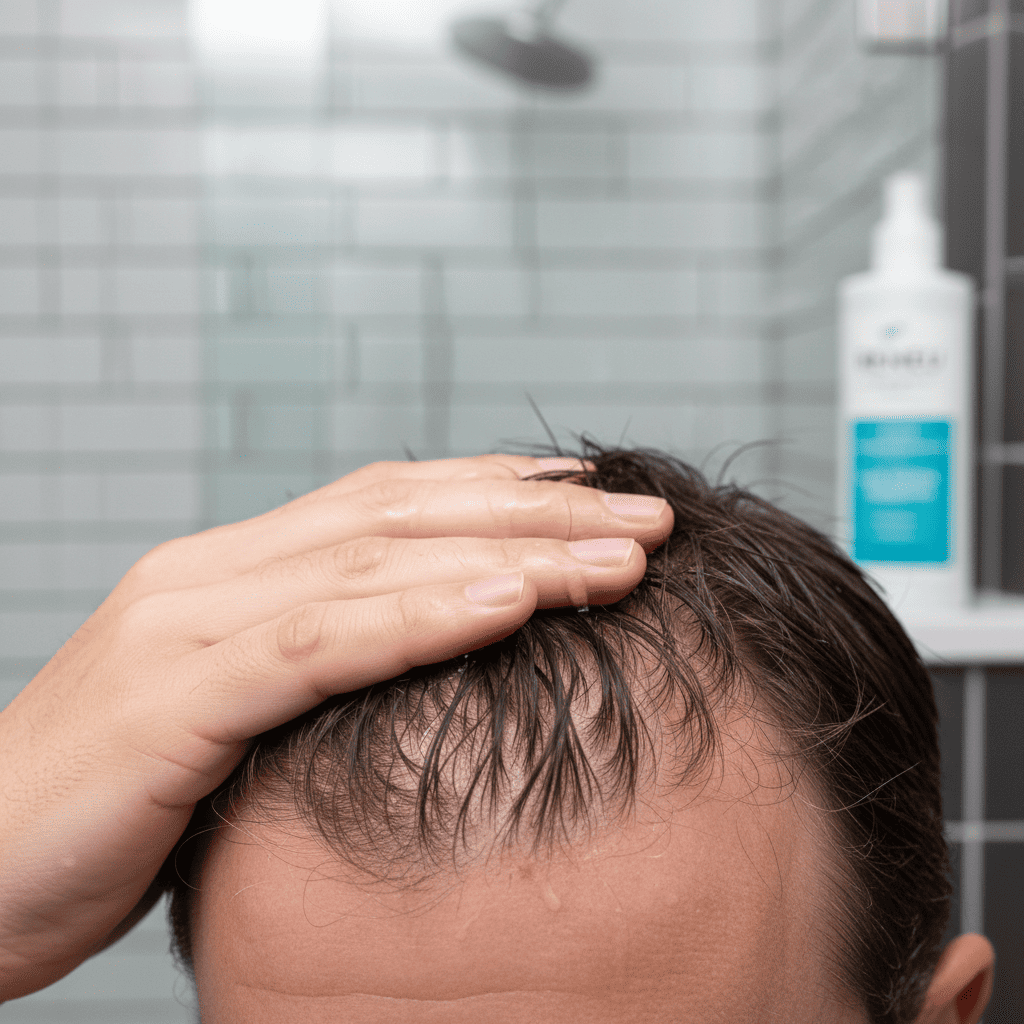 탈모 샴푸를 두피에 바르거나, 연고(미녹시딜)를 도포하는 모습.