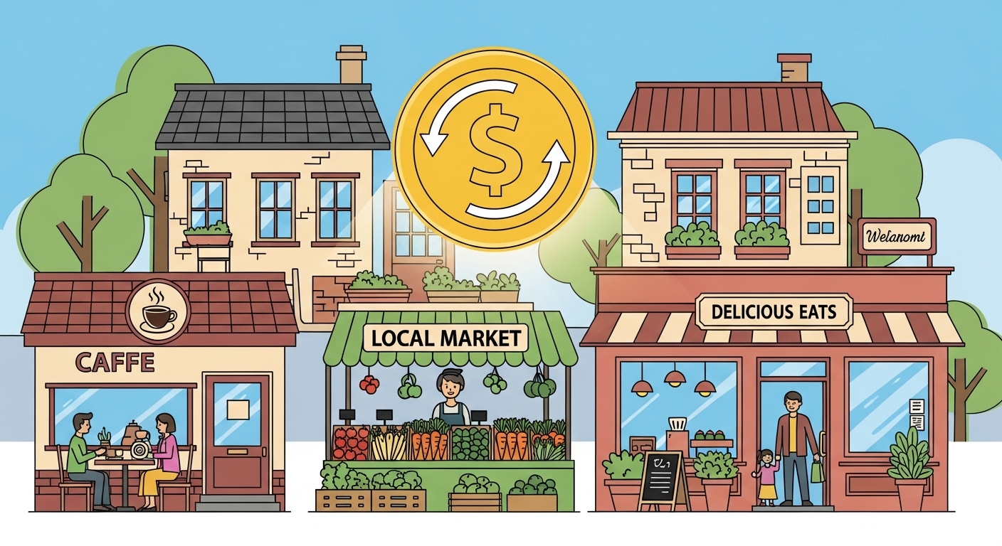 환급금을 상징하는 현금 아이콘과 소상공인 가게가 보이는 모습