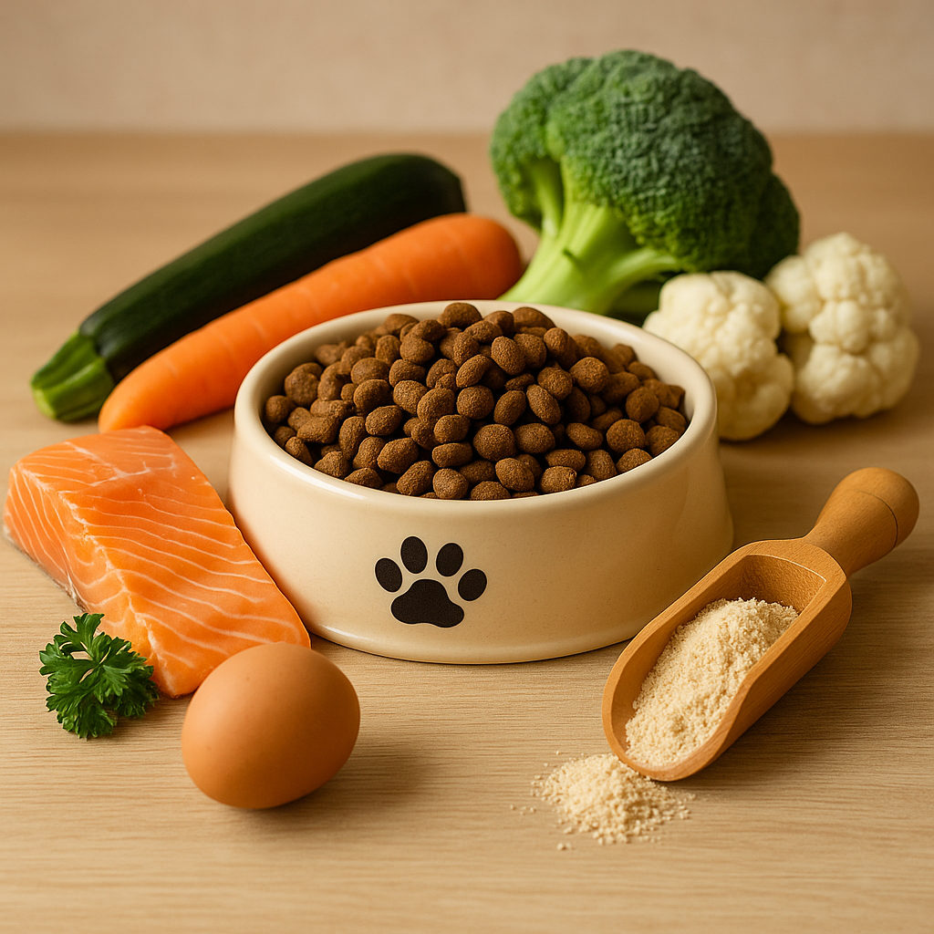 강아지 사료와 계란, 연어, 야채들이 있는 이미지