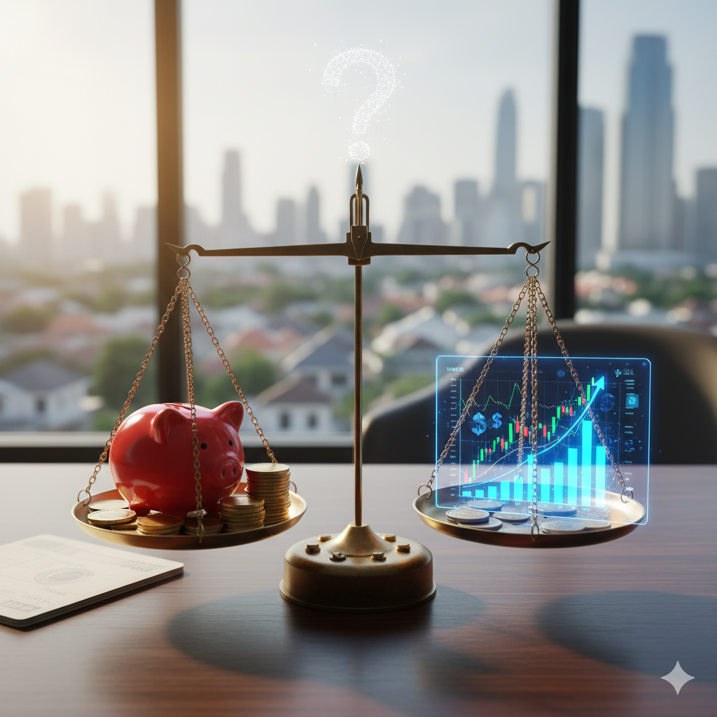 재테크 저울 위에 돼지 저금통(적금)과 성장하는 주식 차트(투자)가 균형을 이루고 있는 모습. 적금과 투자 사이의 안정성과 수익률을 비교하는 개념 이미지