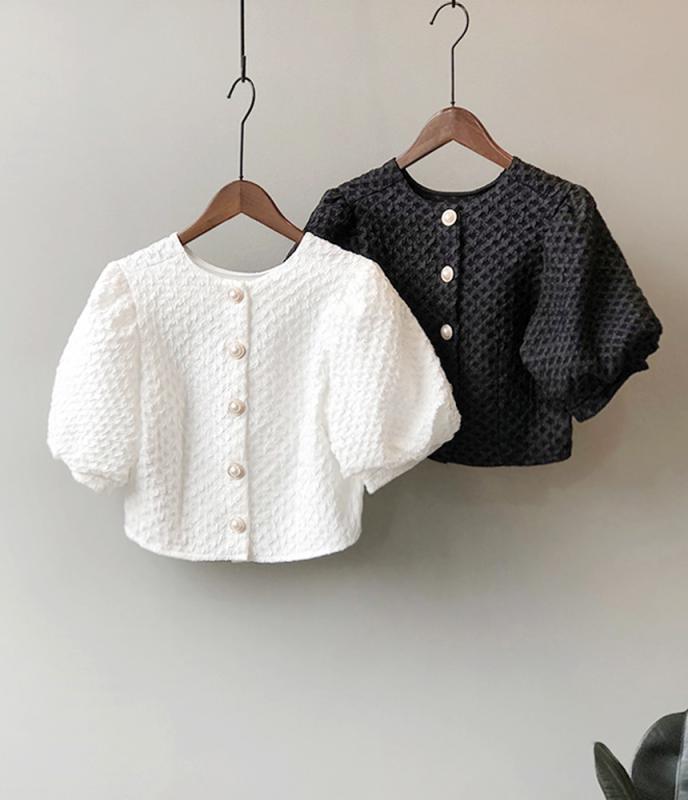 마린 여성 여름 반팔 트위드 퍼프 린넨 크롭 자켓