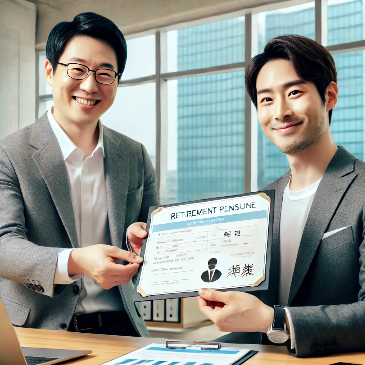 퇴직연금증서를 받고 있는 사무직 근로자