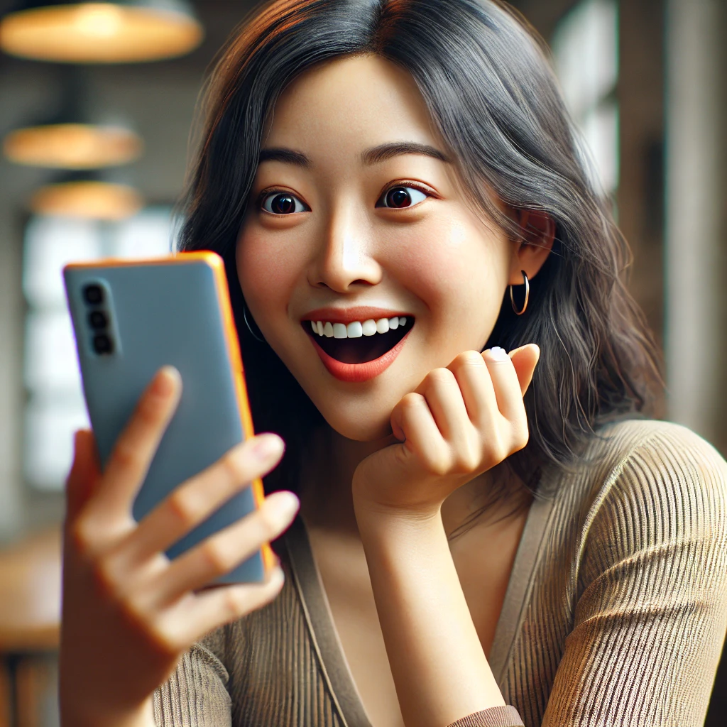 스마트폰에서 SNS를 보며 상대방의 밝고 긍정적인 변화를 발견하고 놀라는 사람의 표정