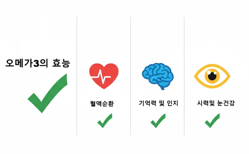 오메가3의 주요 효능(혈관, 뇌, 눈)을 아이콘으로 표현한 간단한 인포그래픽.