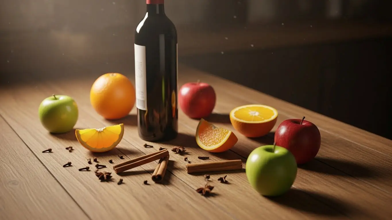 뱅쇼 만들기에 필요한 레드와인과 오렌지&amp;#44; 사과&amp;#44; 계피&amp;#44; 정향 기본 재료 구성