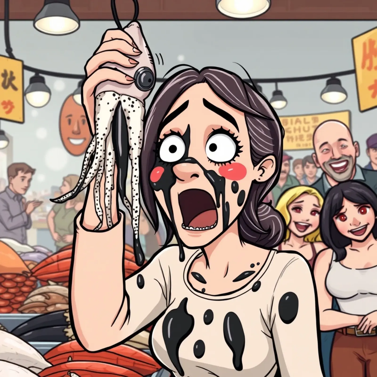 The scene where the squid sprays ink on the woman