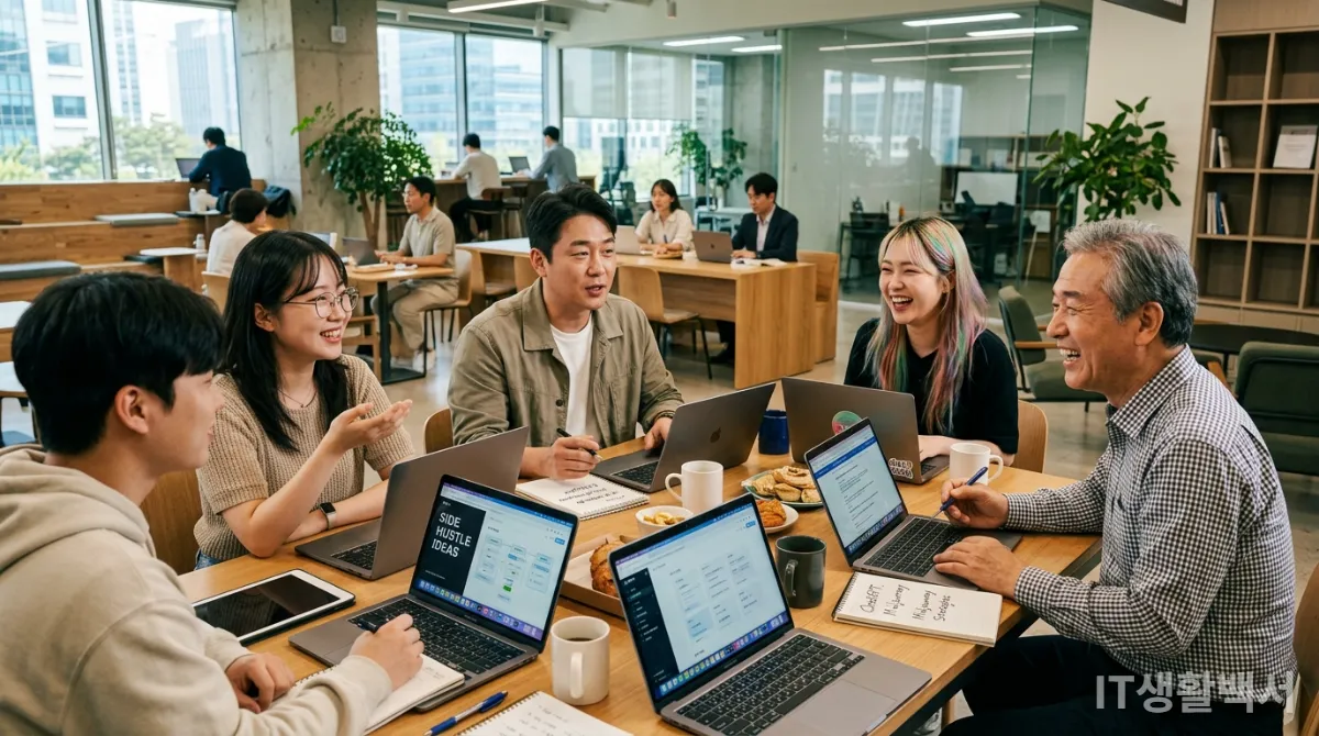 판교 코워킹 스페이스에서 AI 부업 성공 전략을 논의하는 다양한 연령대의 한국인들