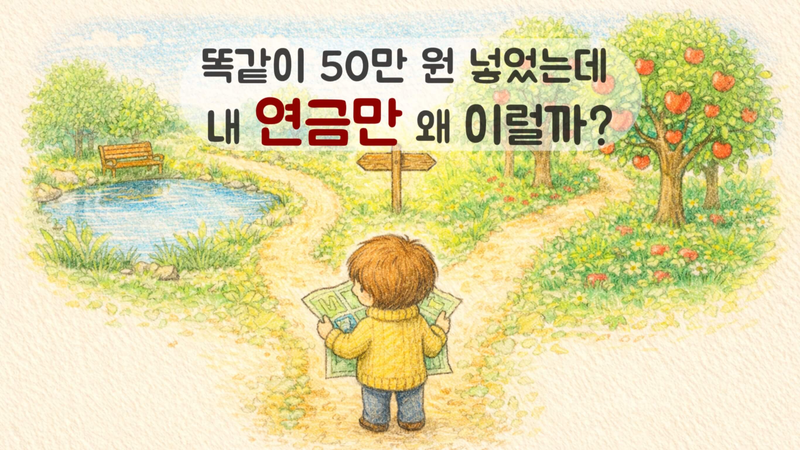 따뜻한 색연필 일러스트. 연못 길과 사과나무 숲 길 사이에서 고민하는 캐릭터의 모습