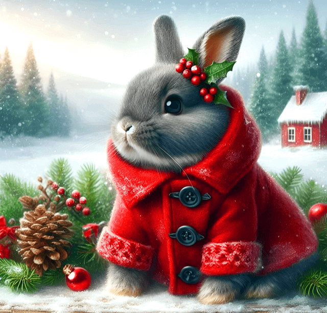 하얀 눈밭에 회색털을 가진 토끼가 앉아있다. 빨간 망토 옷을 입었고 예쁜 빨간 열매를 귀에 달았다.