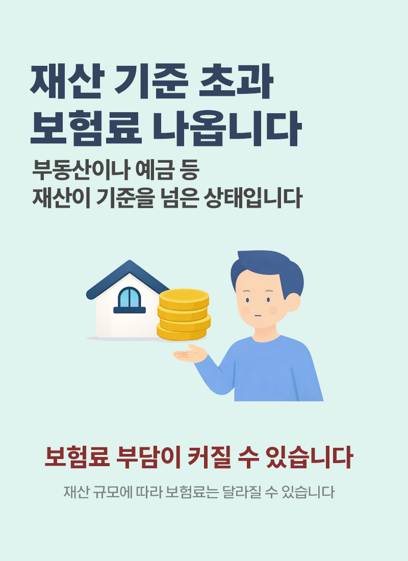 건강보험 재산 기준 초과 시 보험료 부담 증가, 부동산과 예금 등 재산이 많을 때 보험료가 늘어날 수 있는 상황 설명 이미지