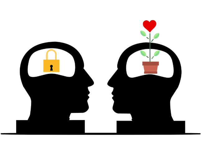 고정된 사고방식과 성장 마인드셋을 상징하는 두 사람의 머릿속 비교 일러스트 - 자물쇠와 화분에서 자라는 하트 모양 식물 표현