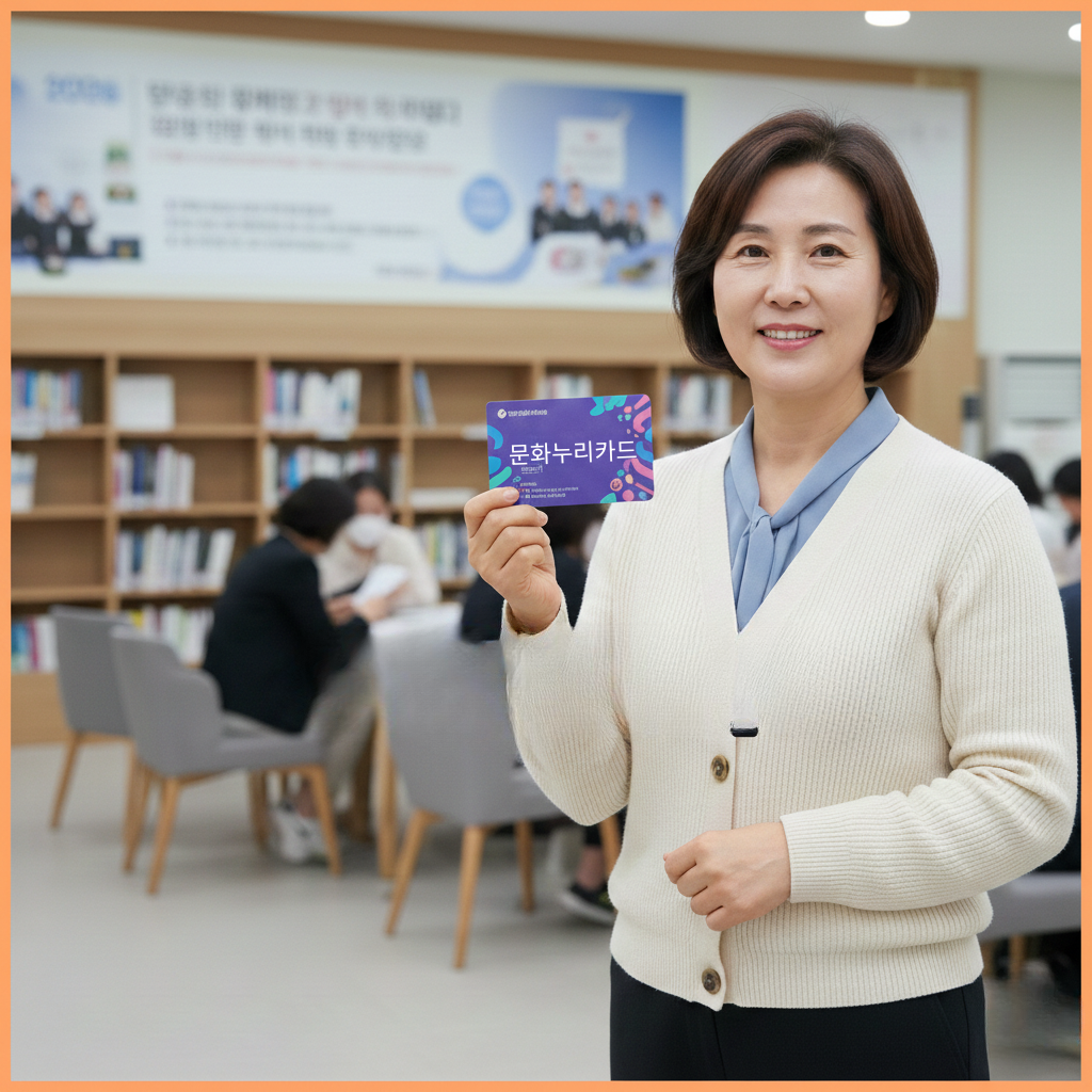 2026년 문화누리카드 지원금 15만원 안내 이미지, 문화누리카드를 들고 있는 중년 여성 모습