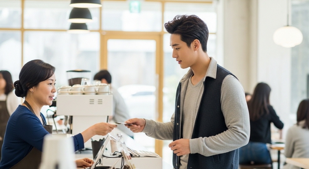 커피숍에서 카드 결제 중인 한국인 청년
