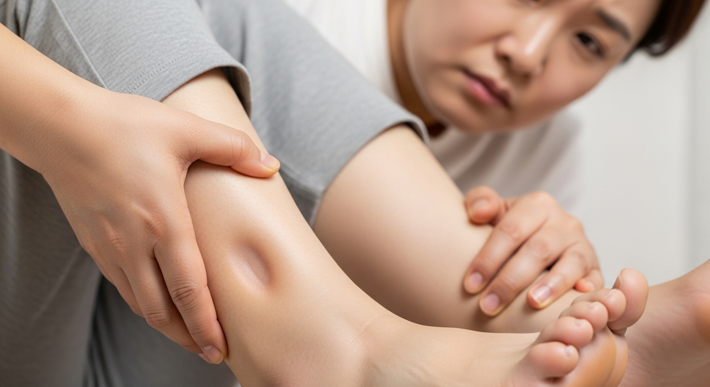 손가락으로 누른 자국이 남는 다리 부종과 부어오른 한국 사람의 얼굴, 신장 문제로 인한 부종 증상