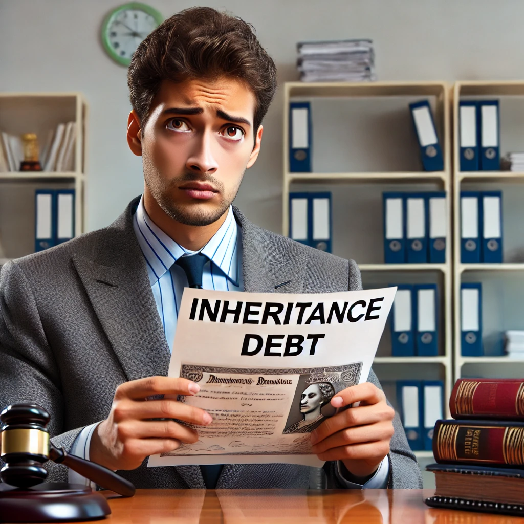 "상속 부채"라는 문구가 적힌 서류를 들고 고민하는 남성의 모습.