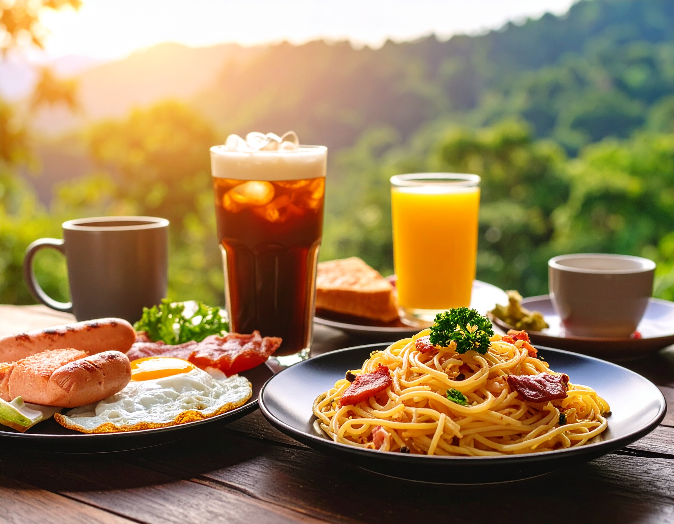 파스타, 소시지, 계란, 커피, 오렌지 주스 등 브런치가 테이블 위에 놓인 장면