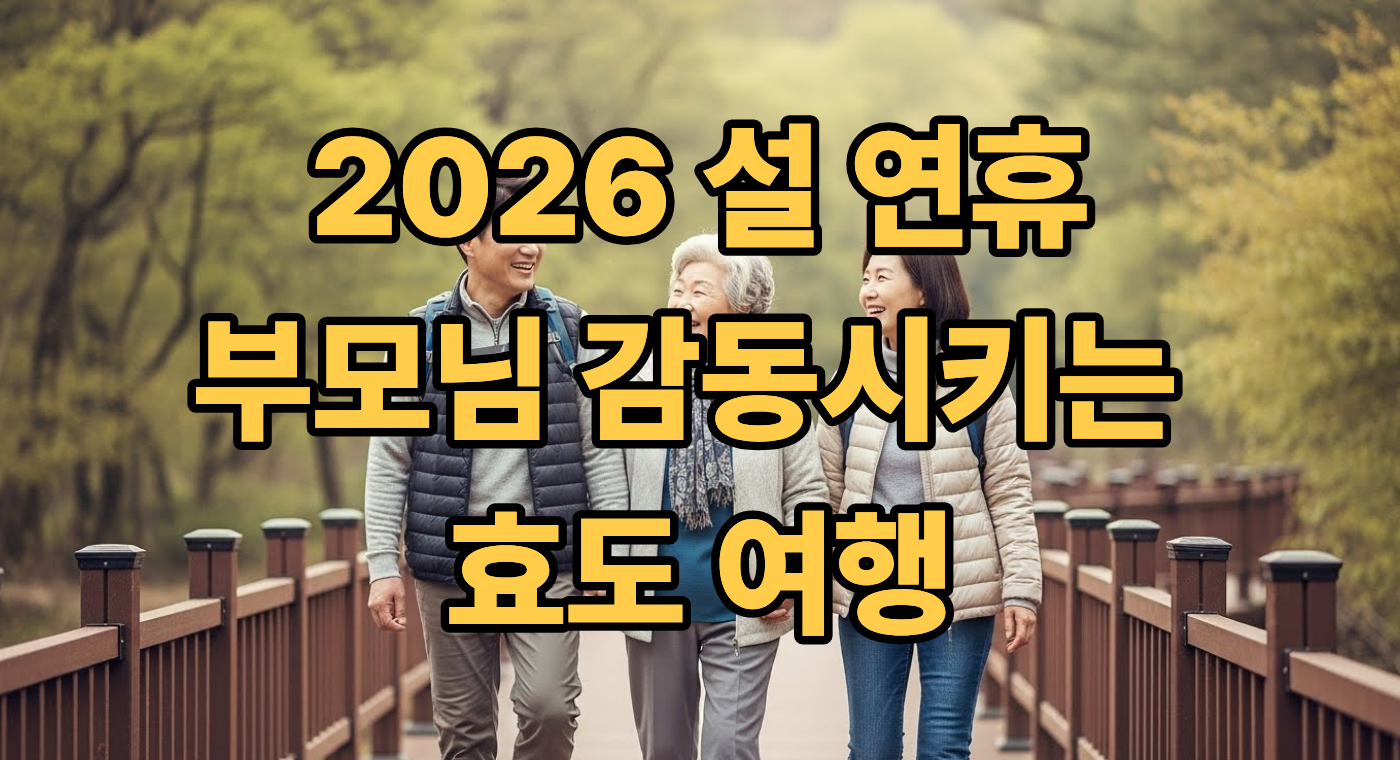 2026년 설 연휴, 어르신 부모님과 자녀들이 데크길을 함께 산책하며 즐거워하는 모습