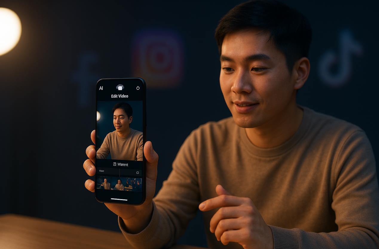 AI 실시간 영상 편집 기능을 활용하는 크리에이터 장면