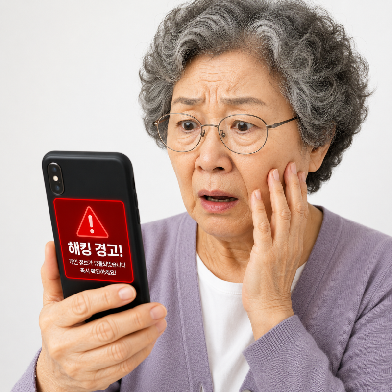 alt="갑작스러운 로그인 경고 알림을 받은 시니어의 당황스러운 상황을 표현한 이미지"